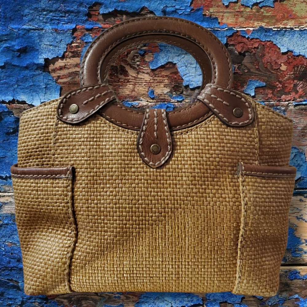 Vintage FOSSIL Woven Mini Satchel Shoulder Bag Leather Trim Y2K Genuine Classic - Picture 3 of 16